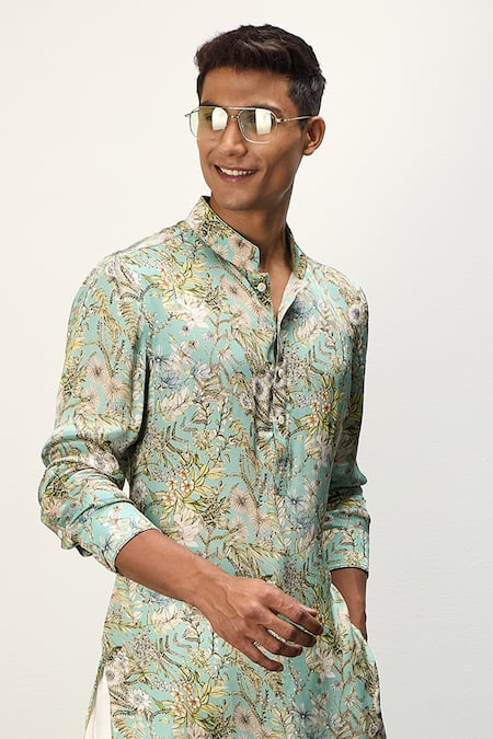 Shop Arjan Dugal Blue Modal, Terrycloth Printed Kurta And Dhoti Pant Set Online at Aza Fashions Shop_Arjan Dugal_Blue Modal, Terrycloth Printed Kurta And Dhoti Pant Set _Online_at_Aza_Fashions