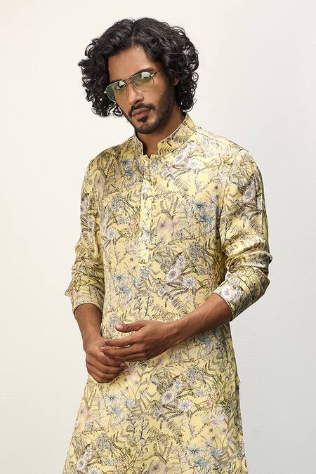 Arjan Dugal Yellow Modal Printed Floral Kurta And Dhoti Pant Set Online at Aza Fashions Arjan Dugal_Yellow Modal Printed Floral Kurta And Dhoti Pant Set _Online_at_Aza_Fashions