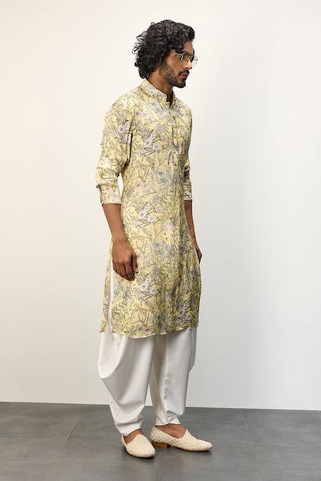 Arjan Dugal Yellow Modal Printed Floral Kurta And Dhoti Pant Set at Aza Fashions Arjan Dugal_Yellow Modal Printed Floral Kurta And Dhoti Pant Set _at_Aza_Fashions