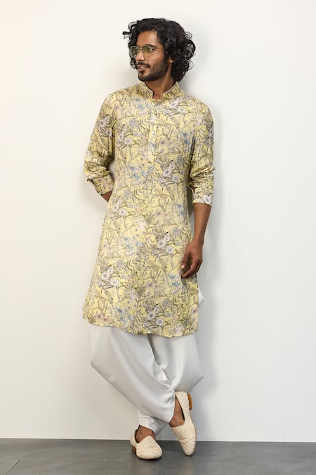 Shop Arjan Dugal Yellow Modal Printed Floral Kurta And Dhoti Pant Set at Aza Fashions Shop_Arjan Dugal_Yellow Modal Printed Floral Kurta And Dhoti Pant Set _at_Aza_Fashions