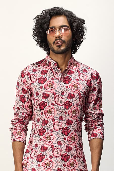 Arjan Dugal_Pink Modal Printed Floral Peony Kurta And Dhoti Pant Set _Online_at_Aza_Fashions