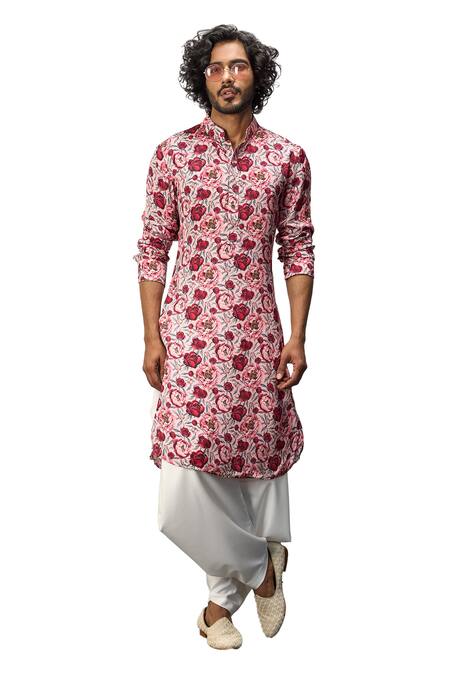 Shop_Arjan Dugal_Pink Modal Printed Floral Peony Kurta And Dhoti Pant Set _Online_at_Aza_Fashions