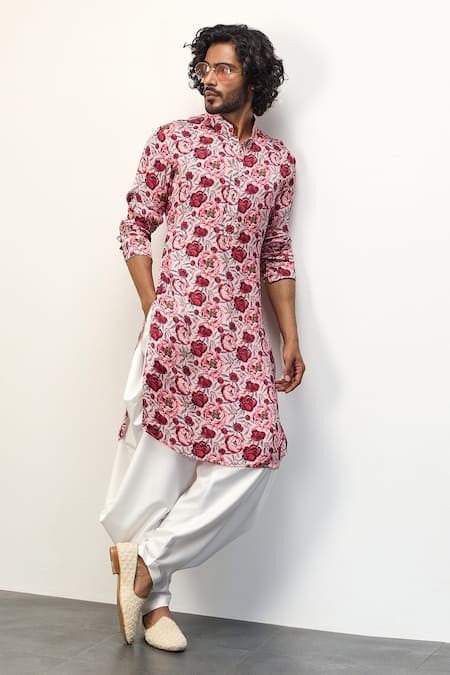 Arjan Dugal_Pink Modal Printed Floral Peony Kurta And Dhoti Pant Set _at_Aza_Fashions