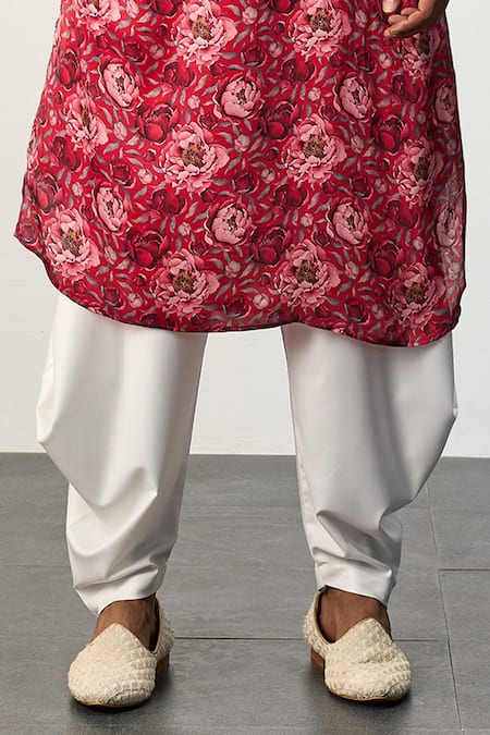 Arjan Dugal_Red Modal, Terrycloth Embroidery Peony Print Kurta And Pant Set _Online_at_Aza_Fashions