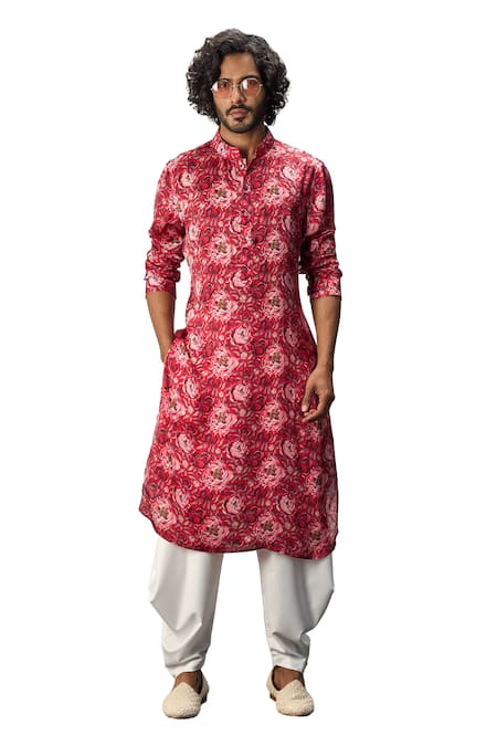 Buy_Arjan Dugal_Red Modal, Terrycloth Embroidery Peony Print Kurta And Pant Set _Online_at_Aza_Fashions