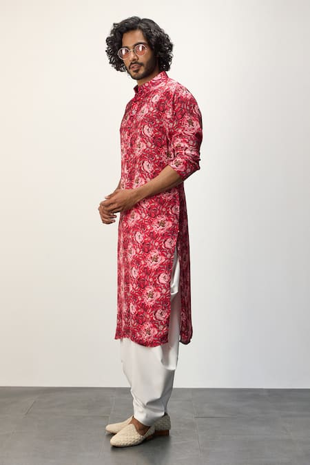 Shop_Arjan Dugal_Red Modal, Terrycloth Embroidery Peony Print Kurta And Pant Set _Online_at_Aza_Fashions