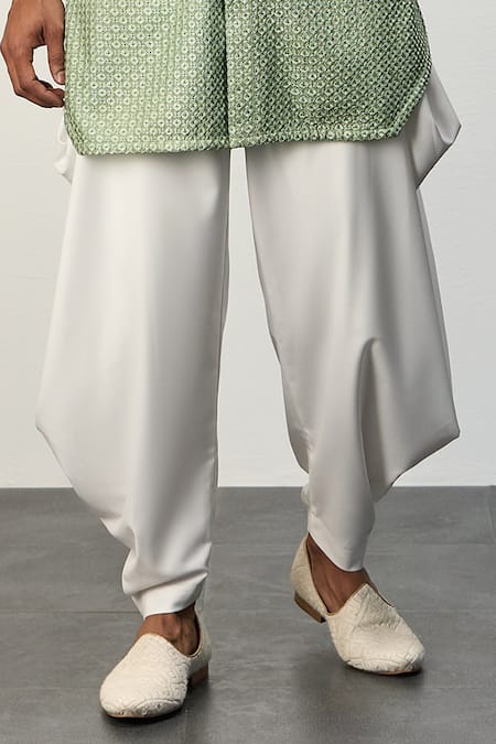 Buy_Arjan Dugal_Green Cotton Satin, Chanderi Silk Embroidery Thread Short Kurta And Pant Set _Online_at_Aza_Fashions