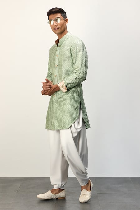 Shop_Arjan Dugal_Green Cotton Satin, Chanderi Silk Embroidery Thread Short Kurta And Pant Set _Online_at_Aza_Fashions