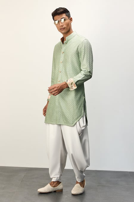Arjan Dugal_Green Cotton Satin, Chanderi Silk Embroidery Thread Short Kurta And Pant Set _at_Aza_Fashions