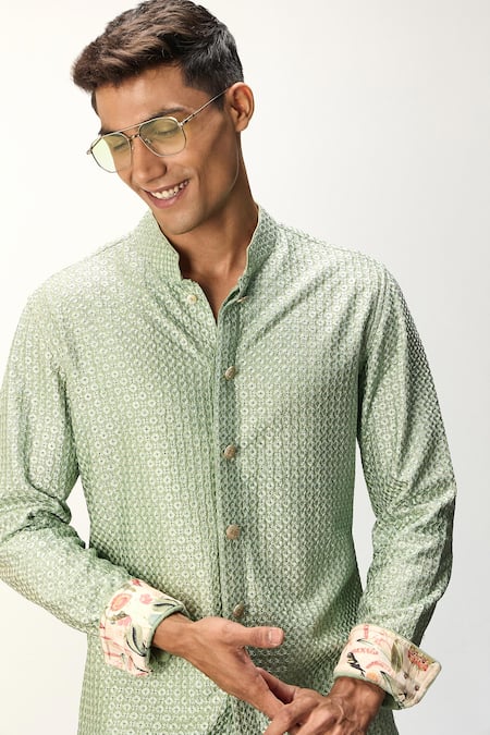 Buy_Arjan Dugal_Green Cotton Satin, Chanderi Silk Embroidery Thread Short Kurta And Pant Set 