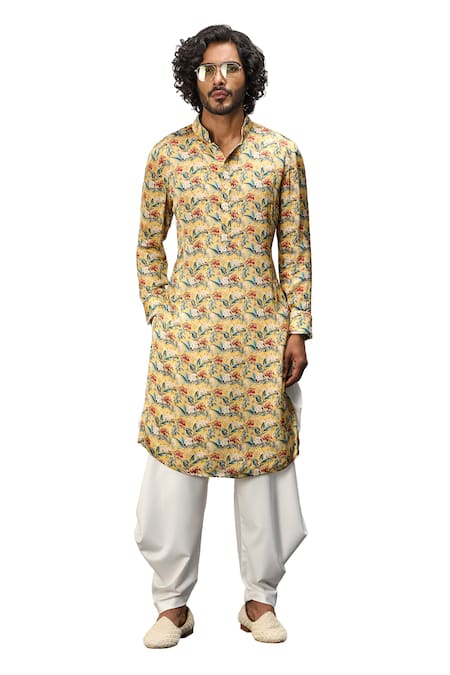 Buy_Arjan Dugal_Yellow Modal, Terrycloth Printed Kurta And Dhoti Pant Set _Online_at_Aza_Fashions