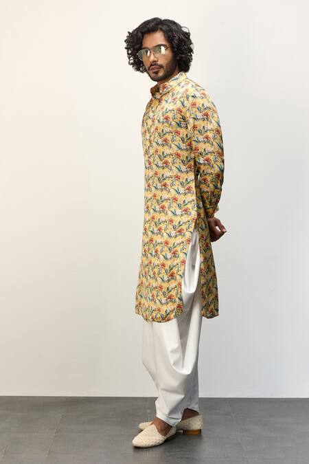 Shop_Arjan Dugal_Yellow Modal, Terrycloth Printed Kurta And Dhoti Pant Set _Online_at_Aza_Fashions