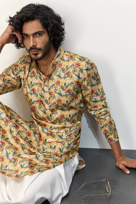 Arjan Dugal_Yellow Modal, Terrycloth Printed Kurta And Dhoti Pant Set _at_Aza_Fashions