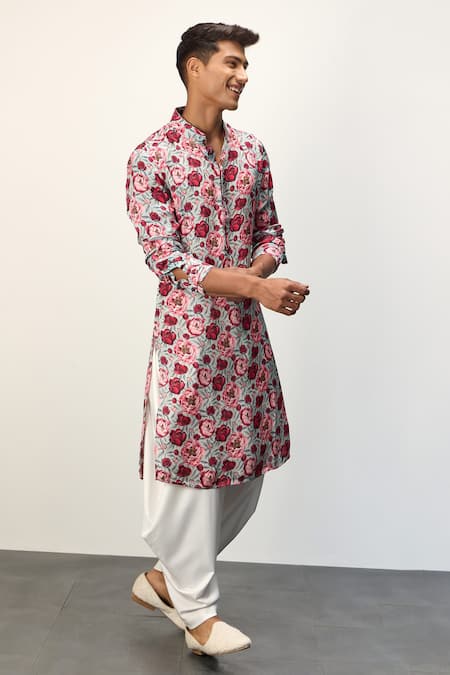 Shop Arjan Dugal Blue Modal, Terrycloth Peony Print Kurta And Pant Set Online at Aza Fashions Shop_Arjan Dugal_Blue Modal, Terrycloth Peony Print Kurta And Pant Set _Online_at_Aza_Fashions