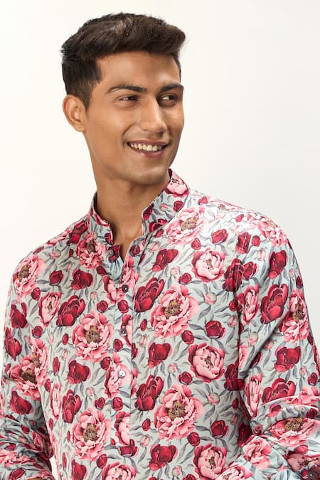 Arjan Dugal Blue Modal, Terrycloth Peony Print Kurta And Pant Set at Aza Fashions Arjan Dugal_Blue Modal, Terrycloth Peony Print Kurta And Pant Set _at_Aza_Fashions