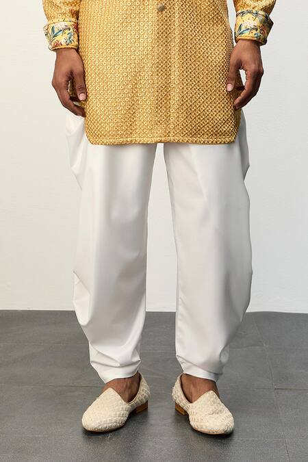 Arjan Dugal_Yellow Cotton Satin, Chanderi Silk Embroidery Front Open Kurta And Dhoti Pant Set _Online_at_Aza_Fashions