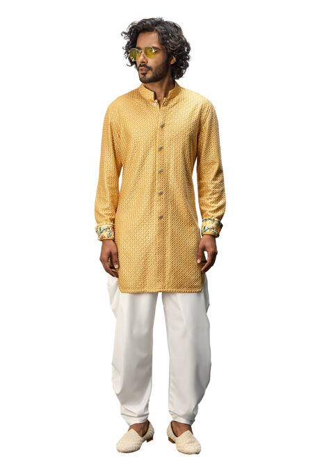 Buy_Arjan Dugal_Yellow Cotton Satin, Chanderi Silk Embroidery Front Open Kurta And Dhoti Pant Set _Online_at_Aza_Fashions