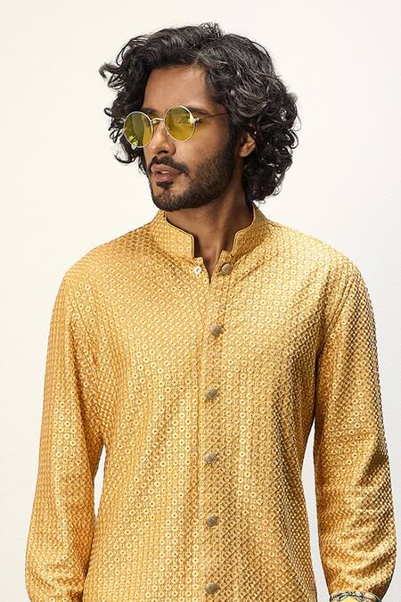 Shop_Arjan Dugal_Yellow Cotton Satin, Chanderi Silk Embroidery Front Open Kurta And Dhoti Pant Set _Online_at_Aza_Fashions