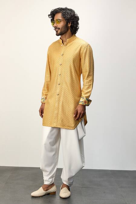 Arjan Dugal_Yellow Cotton Satin, Chanderi Silk Embroidery Front Open Kurta And Dhoti Pant Set _at_Aza_Fashions