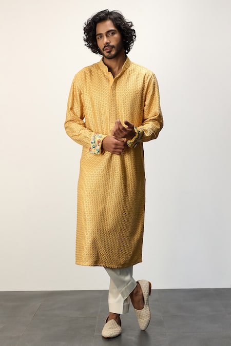 Arjan Dugal Yellow Chanderi Silk Embroidered Thread Long Kurta And Pant Set 