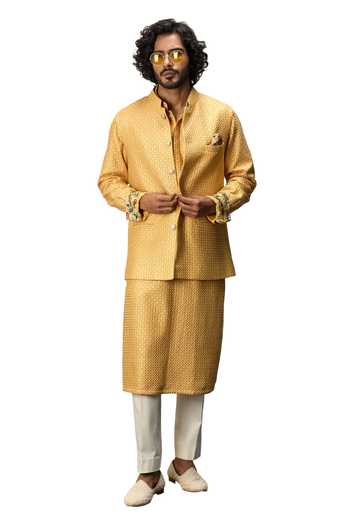 Arjan Dugal_Yellow Chanderi Silk Embroidery Thread Bundi _Online_at_Aza_Fashions