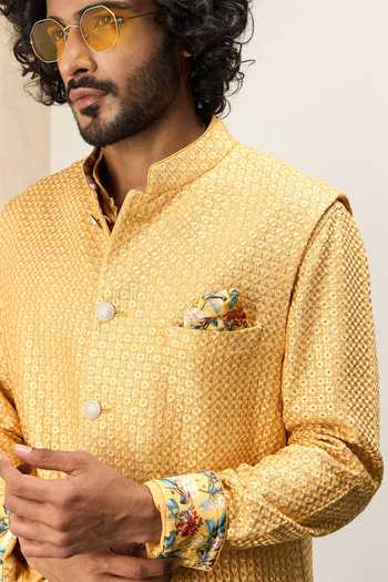 Buy_Arjan Dugal_Yellow Chanderi Silk Embroidery Thread Bundi _Online_at_Aza_Fashions