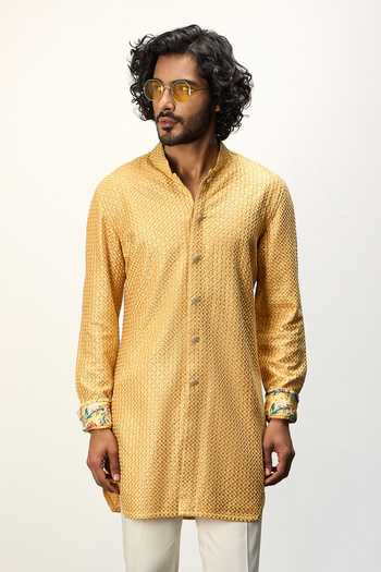 Arjan Dugal Yellow Cotton Satin, Chanderi Silk Embroidery Thread Kurta And Pant Set Online at Aza Fashions Arjan Dugal_Yellow Cotton Satin, Chanderi Silk Embroidery Thread Kurta And Pant Set _Online_at_Aza_Fashions