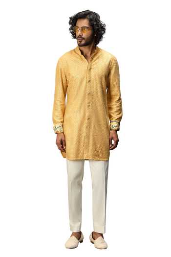 Buy Arjan Dugal Yellow Cotton Satin, Chanderi Silk Embroidery Thread Kurta And Pant Set Online at Aza Fashions Buy_Arjan Dugal_Yellow Cotton Satin, Chanderi Silk Embroidery Thread Kurta And Pant Set _Online_at_Aza_Fashions