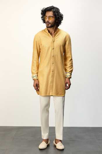 Shop Arjan Dugal Yellow Cotton Satin, Chanderi Silk Embroidery Thread Kurta And Pant Set Online at Aza Fashions Shop_Arjan Dugal_Yellow Cotton Satin, Chanderi Silk Embroidery Thread Kurta And Pant Set _Online_at_Aza_Fashions