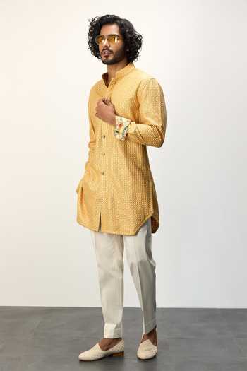 Arjan Dugal Yellow Cotton Satin, Chanderi Silk Embroidery Thread Kurta And Pant Set at Aza Fashions Arjan Dugal_Yellow Cotton Satin, Chanderi Silk Embroidery Thread Kurta And Pant Set _at_Aza_Fashions