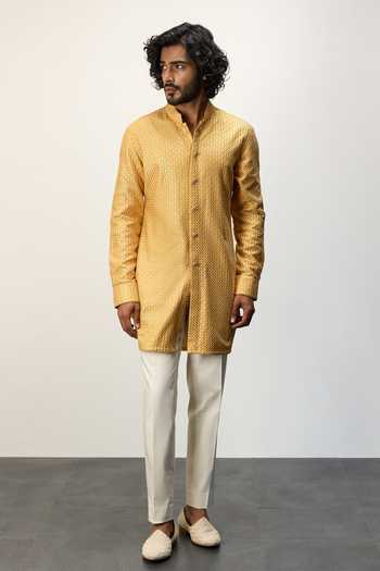 Shop Arjan Dugal Yellow Cotton Satin, Chanderi Silk Embroidery Thread Kurta And Pant Set at Aza Fashions Shop_Arjan Dugal_Yellow Cotton Satin, Chanderi Silk Embroidery Thread Kurta And Pant Set _at_Aza_Fashions