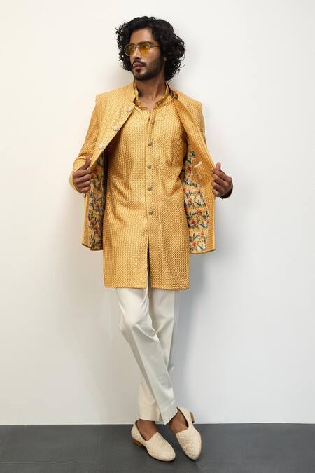 Arjan Dugal Yellow Chanderi Silk Embroidered Thread Bundi Kurta Set 