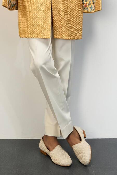 Arjan Dugal Yellow Cotton Satin, Chanderi Silk Embroidery Thread Bundi Kurta Set Online at Aza Fashions Arjan Dugal_Yellow Cotton Satin, Chanderi Silk Embroidery Thread Bundi Kurta Set _Online_at_Aza_Fashions