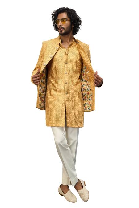 Buy Arjan Dugal Yellow Cotton Satin, Chanderi Silk Embroidery Thread Bundi Kurta Set Online at Aza Fashions Buy_Arjan Dugal_Yellow Cotton Satin, Chanderi Silk Embroidery Thread Bundi Kurta Set _Online_at_Aza_Fashions