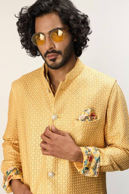 Arjan Dugal Yellow Cotton Satin, Chanderi Silk Embroidery Thread Bundi Kurta Set at Aza Fashions Arjan Dugal_Yellow Cotton Satin, Chanderi Silk Embroidery Thread Bundi Kurta Set _at_Aza_Fashions