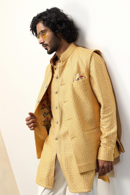 Shop Arjan Dugal Yellow Cotton Satin, Chanderi Silk Embroidery Thread Bundi Kurta Set at Aza Fashions Shop_Arjan Dugal_Yellow Cotton Satin, Chanderi Silk Embroidery Thread Bundi Kurta Set _at_Aza_Fashions
