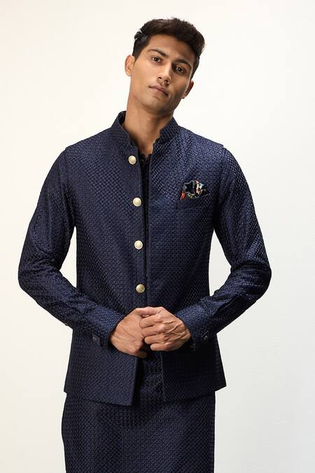 Arjan Dugal Blue Chanderi Silk, Cotton Satin Embroidery Nehru Jacket Set With Kurta Online at Aza Fashions Arjan Dugal_Blue Chanderi Silk, Cotton Satin Embroidery Nehru Jacket Set With Kurta _Online_at_Aza_Fashions