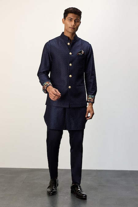 Shop Arjan Dugal Blue Chanderi Silk, Cotton Satin Embroidery Nehru Jacket Set With Kurta Online at Aza Fashions Shop_Arjan Dugal_Blue Chanderi Silk, Cotton Satin Embroidery Nehru Jacket Set With Kurta _Online_at_Aza_Fashions