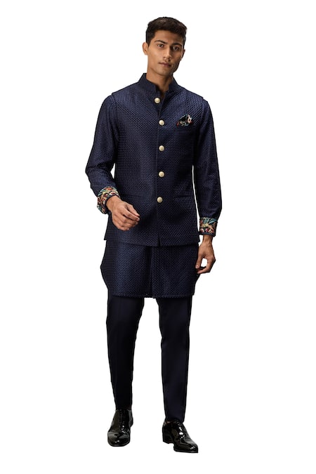 Arjan Dugal Blue Chanderi Silk, Cotton Satin Embroidery Nehru Jacket Set With Kurta at Aza Fashions Arjan Dugal_Blue Chanderi Silk, Cotton Satin Embroidery Nehru Jacket Set With Kurta _at_Aza_Fashions
