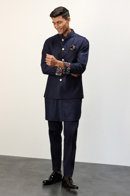 Buy Arjan Dugal Blue Chanderi Silk, Cotton Satin Embroidery Nehru Jacket Set With Kurta Buy_Arjan Dugal_Blue Chanderi Silk, Cotton Satin Embroidery Nehru Jacket Set With Kurta