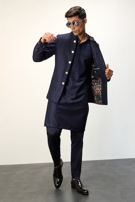 Shop Arjan Dugal Blue Chanderi Silk, Cotton Satin Embroidery Nehru Jacket Set With Kurta at Aza Fashions Shop_Arjan Dugal_Blue Chanderi Silk, Cotton Satin Embroidery Nehru Jacket Set With Kurta _at_Aza_Fashions