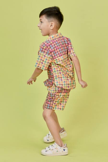 Little Shiro_Brown Cotton Tree Block Printed Shirt With Shorts_Online_at_Aza_Fashions