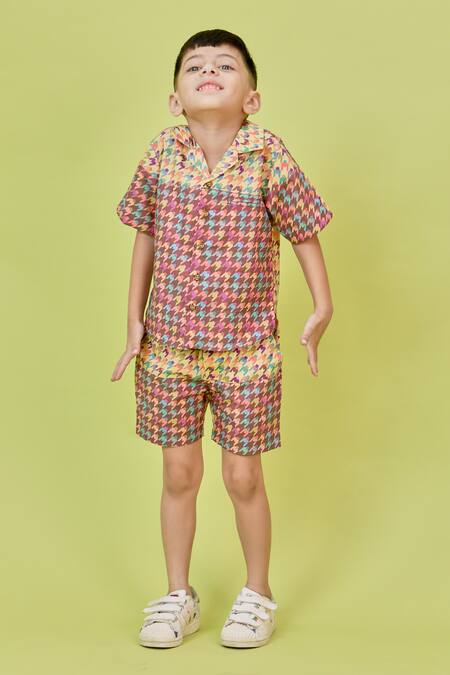 Buy_Little Shiro_Brown Cotton Tree Block Printed Shirt With Shorts_Online_at_Aza_Fashions