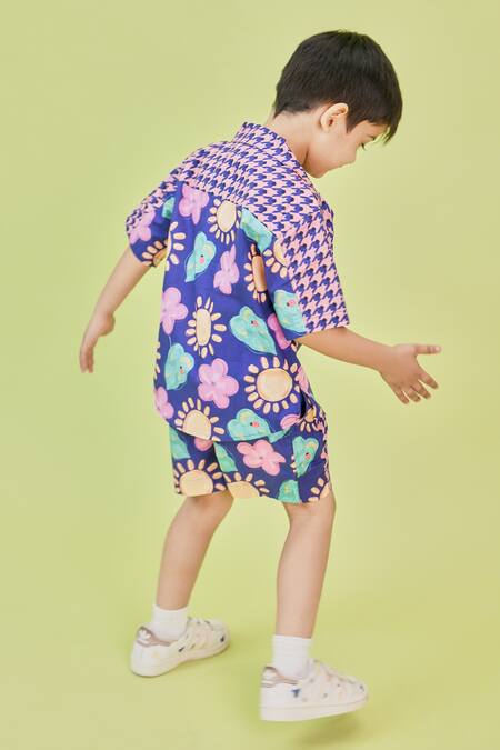 Shop Little Shiro Blue Poplin, Cotton Embroidery Feeling Houndstooth Print Shirt With Shorts at Aza Fashions Shop_Little Shiro_Blue Poplin, Cotton Embroidery Feeling Houndstooth Print Shirt With Shorts_at_Aza_Fashions
