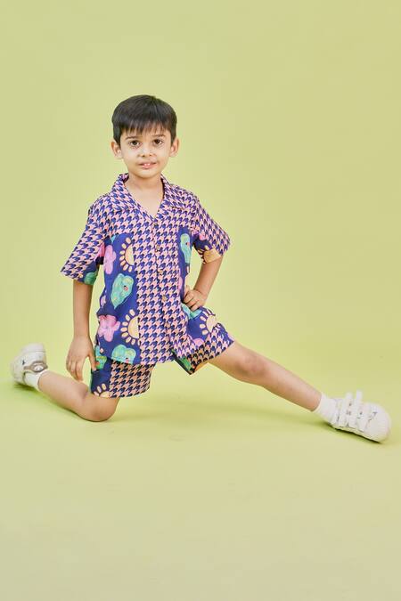 Little Shiro Blue Poplin, Cotton Embroidery Feeling Houndstooth Print Shirt With Shorts Online at Aza Fashions Little Shiro_Blue Poplin, Cotton Embroidery Feeling Houndstooth Print Shirt With Shorts_Online_at_Aza_Fashions