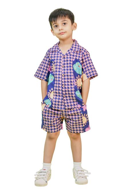Buy Little Shiro Blue Poplin, Cotton Embroidery Feeling Houndstooth Print Shirt With Shorts Online at Aza Fashions Buy_Little Shiro_Blue Poplin, Cotton Embroidery Feeling Houndstooth Print Shirt With Shorts_Online_at_Aza_Fashions