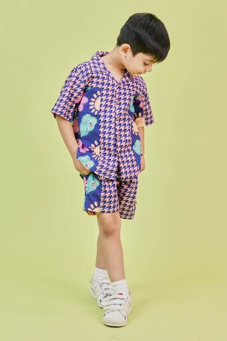 Shop Little Shiro Blue Poplin, Cotton Embroidery Feeling Houndstooth Print Shirt With Shorts Online at Aza Fashions Shop_Little Shiro_Blue Poplin, Cotton Embroidery Feeling Houndstooth Print Shirt With Shorts_Online_at_Aza_Fashions