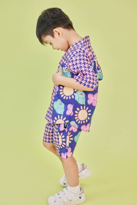 Little Shiro Blue Poplin, Cotton Embroidery Feeling Houndstooth Print Shirt With Shorts at Aza Fashions Little Shiro_Blue Poplin, Cotton Embroidery Feeling Houndstooth Print Shirt With Shorts_at_Aza_Fashions