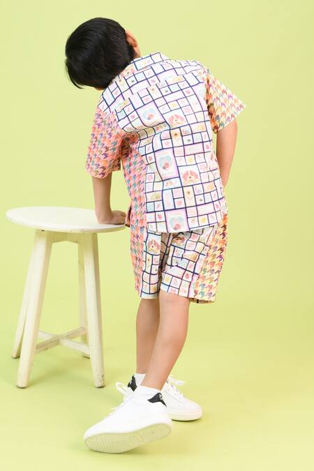 Shop Little Shiro Blue Checkered Toy Print Shirt And Shorts Set at Aza Fashions Shop_Little Shiro_Blue Checkered Toy Print Shirt And Shorts Set_at_Aza_Fashions