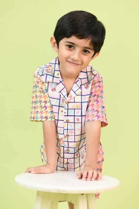Little Shiro Blue Checkered Toy Print Shirt And Shorts Set Online at Aza Fashions Little Shiro_Blue Checkered Toy Print Shirt And Shorts Set_Online_at_Aza_Fashions